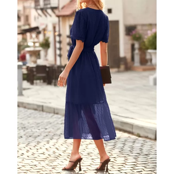 imageBTFBM Women 2023 Summer Boho Midi Dress Short Sleeve V Neck Swiss Dot Belted High Waist Ruffle Tiered ALine Beach DressSwiss Dot Navy