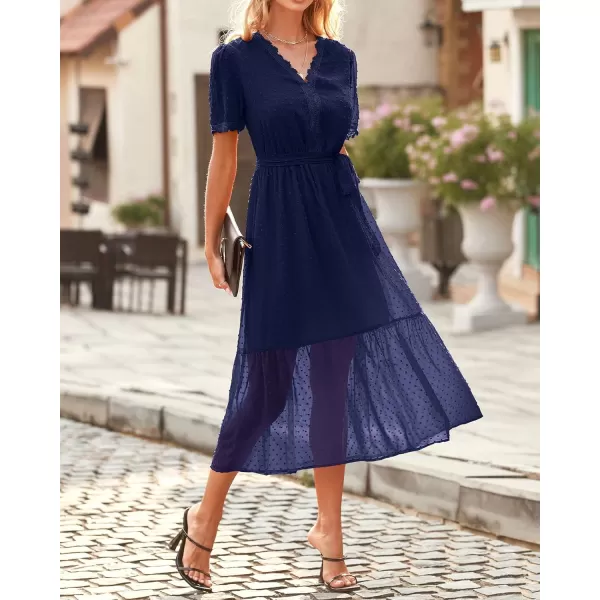 imageBTFBM Women 2023 Summer Boho Midi Dress Short Sleeve V Neck Swiss Dot Belted High Waist Ruffle Tiered ALine Beach DressSwiss Dot Navy
