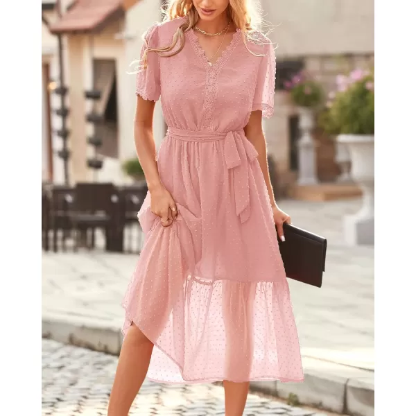 imageBTFBM Women 2023 Summer Boho Midi Dress Short Sleeve V Neck Swiss Dot Belted High Waist Ruffle Tiered ALine Beach DressSwiss Dot Pink