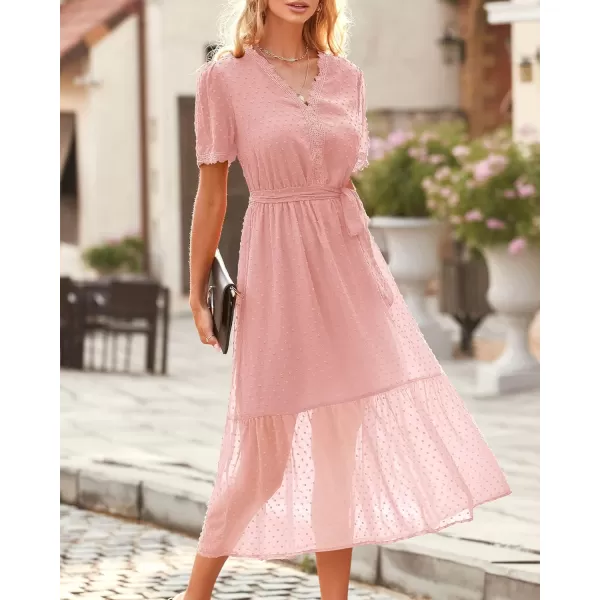 imageBTFBM Women 2023 Summer Boho Midi Dress Short Sleeve V Neck Swiss Dot Belted High Waist Ruffle Tiered ALine Beach DressSwiss Dot Pink