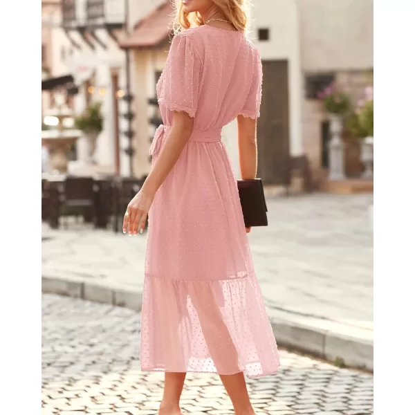 imageBTFBM Women 2023 Summer Boho Midi Dress Short Sleeve V Neck Swiss Dot Belted High Waist Ruffle Tiered ALine Beach DressSwiss Dot Pink