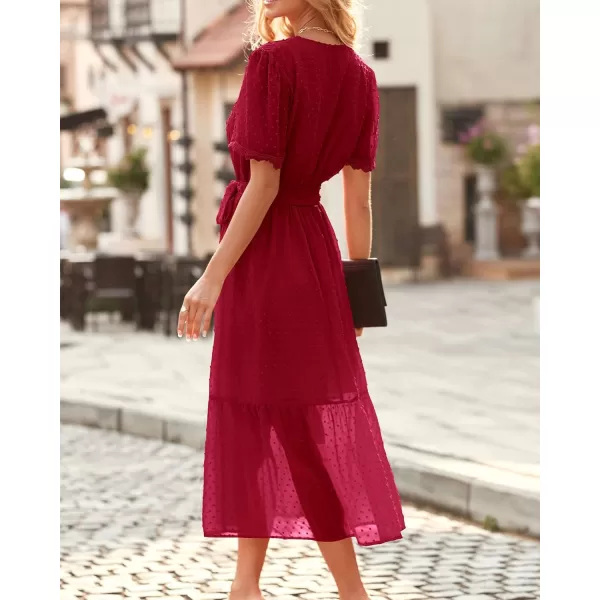 imageBTFBM Women 2023 Summer Boho Midi Dress Short Sleeve V Neck Swiss Dot Belted High Waist Ruffle Tiered ALine Beach DressSwiss Dot Red