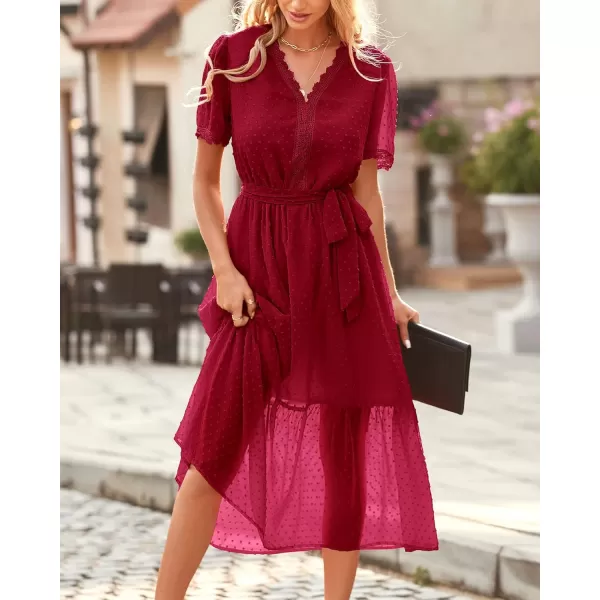 imageBTFBM Women 2023 Summer Boho Midi Dress Short Sleeve V Neck Swiss Dot Belted High Waist Ruffle Tiered ALine Beach DressSwiss Dot Red
