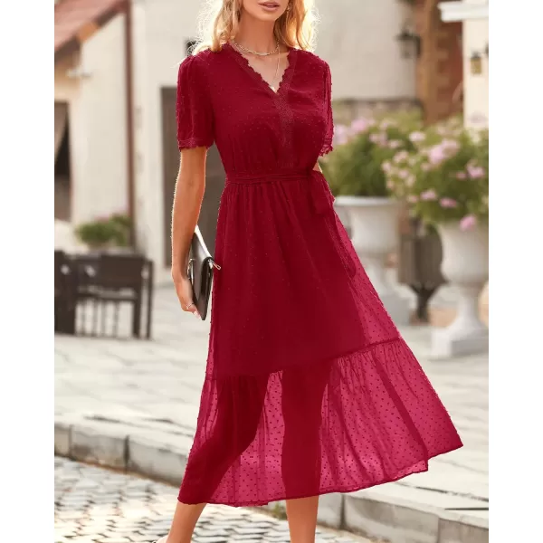 imageBTFBM Women 2023 Summer Boho Midi Dress Short Sleeve V Neck Swiss Dot Belted High Waist Ruffle Tiered ALine Beach DressSwiss Dot Red