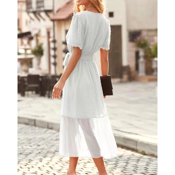 imageBTFBM Women 2023 Summer Boho Midi Dress Short Sleeve V Neck Swiss Dot Belted High Waist Ruffle Tiered ALine Beach DressSwiss Dot White