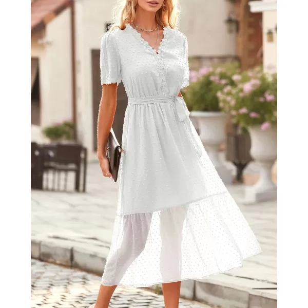 imageBTFBM Women 2023 Summer Boho Midi Dress Short Sleeve V Neck Swiss Dot Belted High Waist Ruffle Tiered ALine Beach DressSwiss Dot White