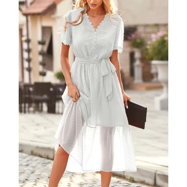 imageBTFBM Women 2023 Summer Boho Midi Dress Short Sleeve V Neck Swiss Dot Belted High Waist Ruffle Tiered ALine Beach DressSwiss Dot White