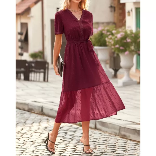 imageBTFBM Women 2023 Summer Boho Midi Dress Short Sleeve V Neck Swiss Dot Belted High Waist Ruffle Tiered ALine Beach DressSwiss Dot Wine Red