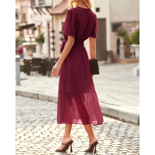 imageBTFBM Women 2023 Summer Boho Midi Dress Short Sleeve V Neck Swiss Dot Belted High Waist Ruffle Tiered ALine Beach DressSwiss Dot Wine Red