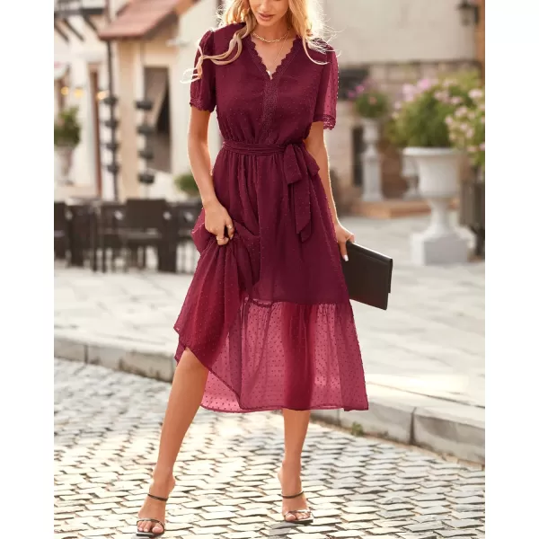 imageBTFBM Women 2023 Summer Boho Midi Dress Short Sleeve V Neck Swiss Dot Belted High Waist Ruffle Tiered ALine Beach DressSwiss Dot Wine Red
