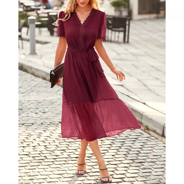imageBTFBM Women 2023 Summer Boho Midi Dress Short Sleeve V Neck Swiss Dot Belted High Waist Ruffle Tiered ALine Beach DressSwiss Dot Wine Red