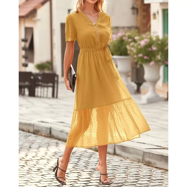 imageBTFBM Women 2023 Summer Boho Midi Dress Short Sleeve V Neck Swiss Dot Belted High Waist Ruffle Tiered ALine Beach DressSwiss Dot Yellow