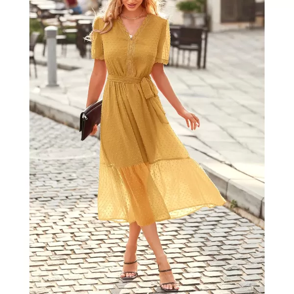 imageBTFBM Women 2023 Summer Boho Midi Dress Short Sleeve V Neck Swiss Dot Belted High Waist Ruffle Tiered ALine Beach DressSwiss Dot Yellow