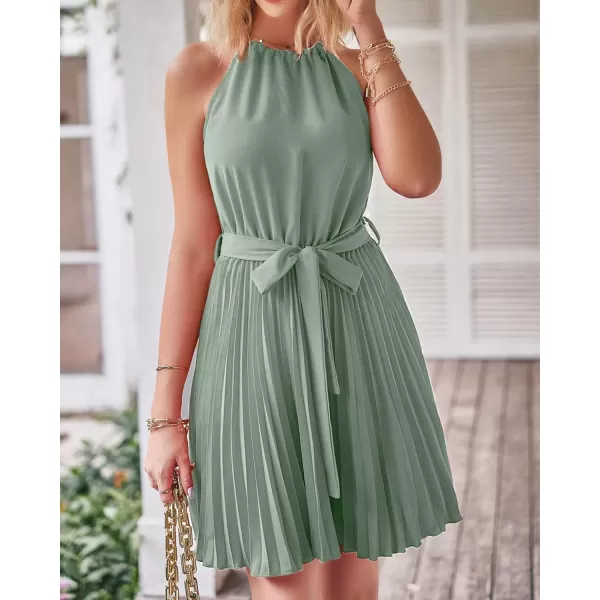 imageBTFBM Women 2023 Summer Casual Halter Neck ALine Dress Sleeveless Belted Swing Pleated Cocktail Party Beach Mini DressesSolid Bean Green