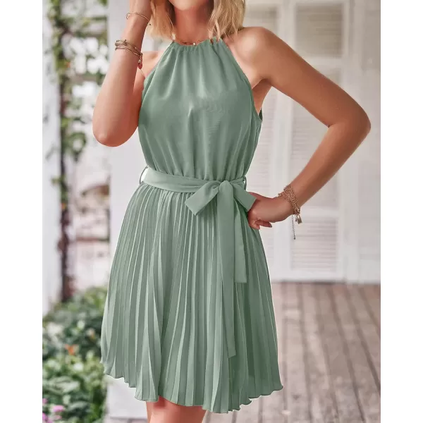 imageBTFBM Women 2023 Summer Casual Halter Neck ALine Dress Sleeveless Belted Swing Pleated Cocktail Party Beach Mini DressesSolid Bean Green