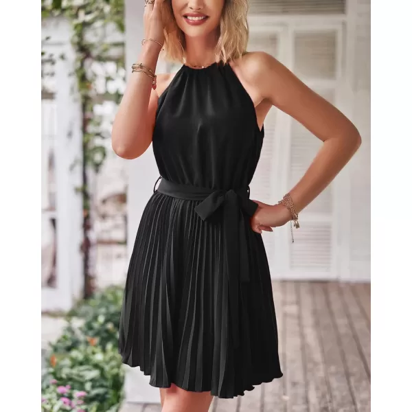 imageBTFBM Women 2023 Summer Casual Halter Neck ALine Dress Sleeveless Belted Swing Pleated Cocktail Party Beach Mini DressesSolid Black