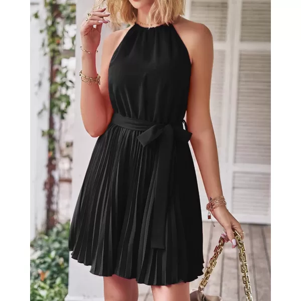 imageBTFBM Women 2023 Summer Casual Halter Neck ALine Dress Sleeveless Belted Swing Pleated Cocktail Party Beach Mini DressesSolid Black