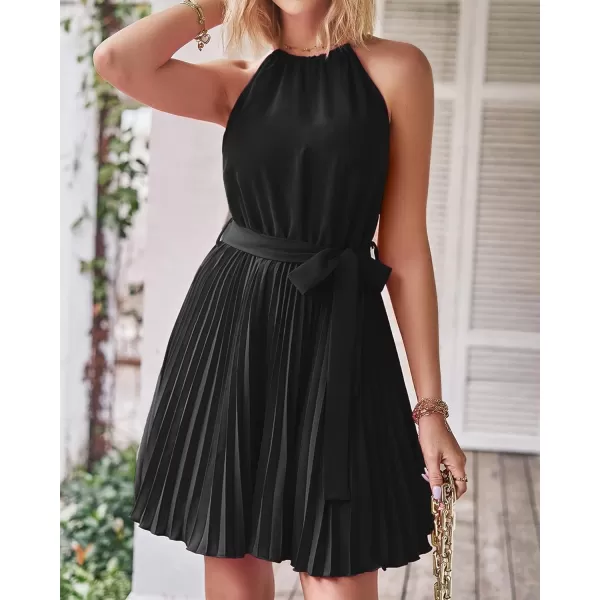 imageBTFBM Women 2023 Summer Casual Halter Neck ALine Dress Sleeveless Belted Swing Pleated Cocktail Party Beach Mini DressesSolid Black