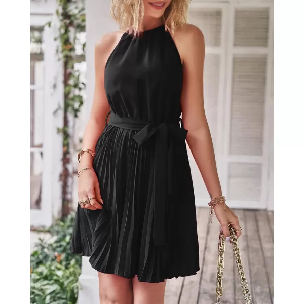 imageBTFBM Women 2023 Summer Casual Halter Neck ALine Dress Sleeveless Belted Swing Pleated Cocktail Party Beach Mini DressesSolid Black