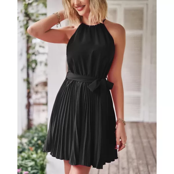 imageBTFBM Women 2023 Summer Casual Halter Neck ALine Dress Sleeveless Belted Swing Pleated Cocktail Party Beach Mini DressesSolid Black