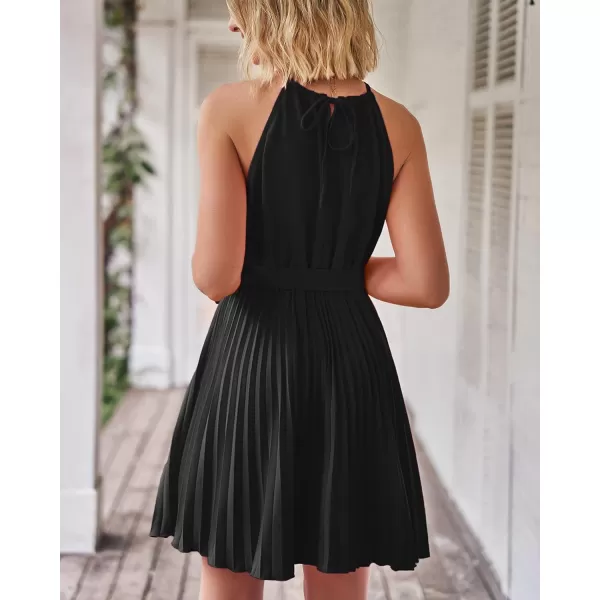 imageBTFBM Women 2023 Summer Casual Halter Neck ALine Dress Sleeveless Belted Swing Pleated Cocktail Party Beach Mini DressesSolid Black