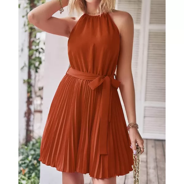 imageBTFBM Women 2023 Summer Casual Halter Neck ALine Dress Sleeveless Belted Swing Pleated Cocktail Party Beach Mini DressesSolid Brick Red