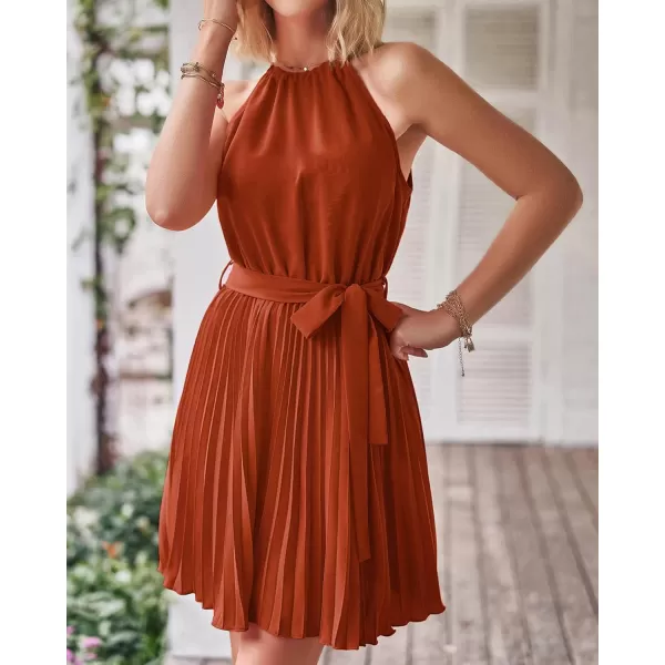 imageBTFBM Women 2023 Summer Casual Halter Neck ALine Dress Sleeveless Belted Swing Pleated Cocktail Party Beach Mini DressesSolid Brick Red