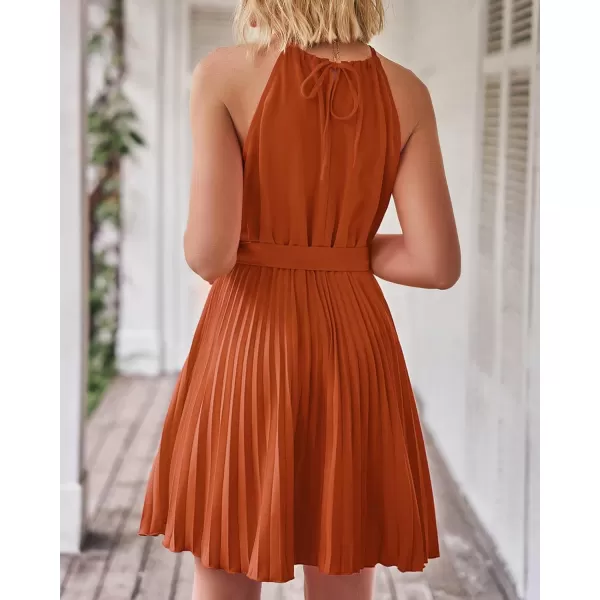 imageBTFBM Women 2023 Summer Casual Halter Neck ALine Dress Sleeveless Belted Swing Pleated Cocktail Party Beach Mini DressesSolid Brick Red