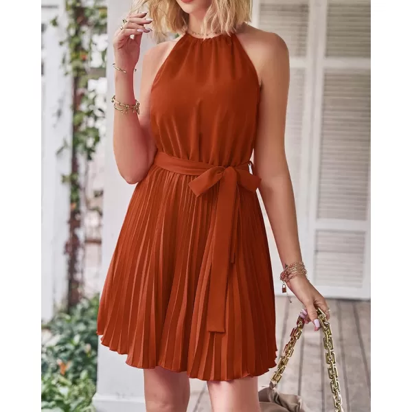 imageBTFBM Women 2023 Summer Casual Halter Neck ALine Dress Sleeveless Belted Swing Pleated Cocktail Party Beach Mini DressesSolid Brick Red