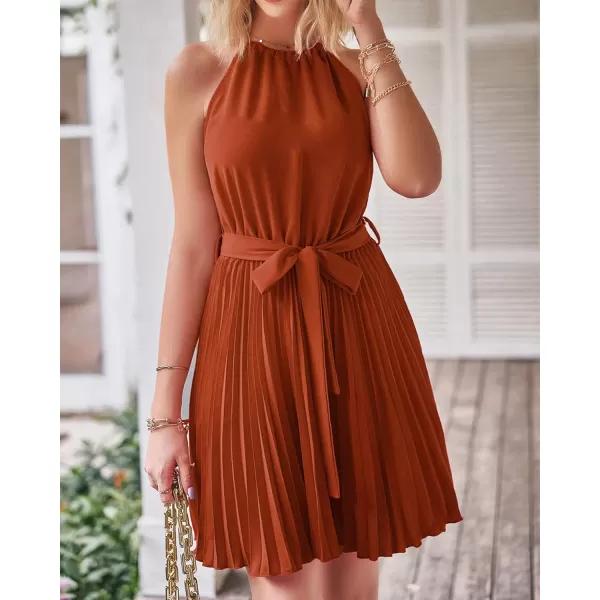 imageBTFBM Women 2023 Summer Casual Halter Neck ALine Dress Sleeveless Belted Swing Pleated Cocktail Party Beach Mini DressesSolid Brick Red