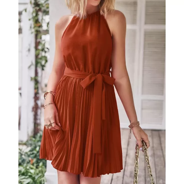 imageBTFBM Women 2023 Summer Casual Halter Neck ALine Dress Sleeveless Belted Swing Pleated Cocktail Party Beach Mini DressesSolid Brick Red