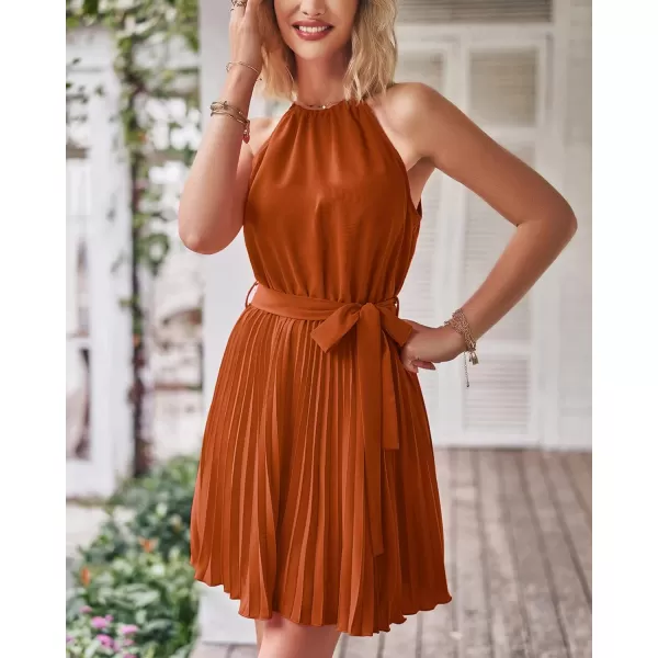 imageBTFBM Women 2023 Summer Casual Halter Neck ALine Dress Sleeveless Belted Swing Pleated Cocktail Party Beach Mini DressesSolid Brown