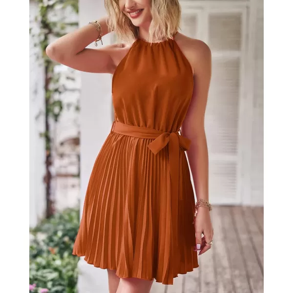 imageBTFBM Women 2023 Summer Casual Halter Neck ALine Dress Sleeveless Belted Swing Pleated Cocktail Party Beach Mini DressesSolid Brown