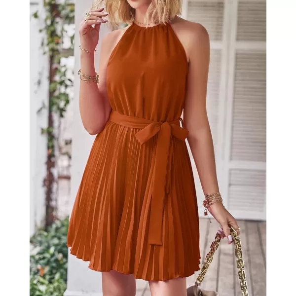 imageBTFBM Women 2023 Summer Casual Halter Neck ALine Dress Sleeveless Belted Swing Pleated Cocktail Party Beach Mini DressesSolid Brown