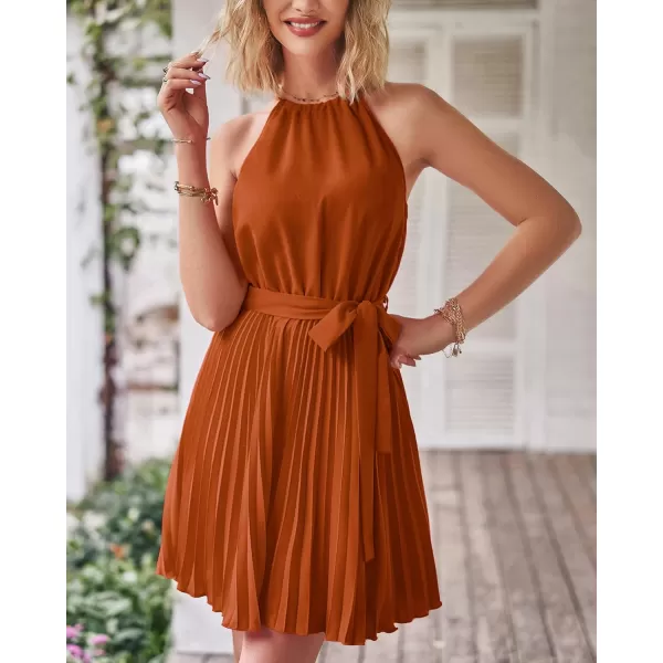 imageBTFBM Women 2023 Summer Casual Halter Neck ALine Dress Sleeveless Belted Swing Pleated Cocktail Party Beach Mini DressesSolid Brown