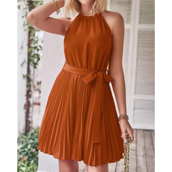 imageBTFBM Women 2023 Summer Casual Halter Neck ALine Dress Sleeveless Belted Swing Pleated Cocktail Party Beach Mini DressesSolid Brown