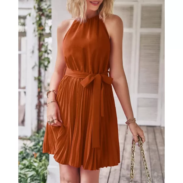 imageBTFBM Women 2023 Summer Casual Halter Neck ALine Dress Sleeveless Belted Swing Pleated Cocktail Party Beach Mini DressesSolid Brown