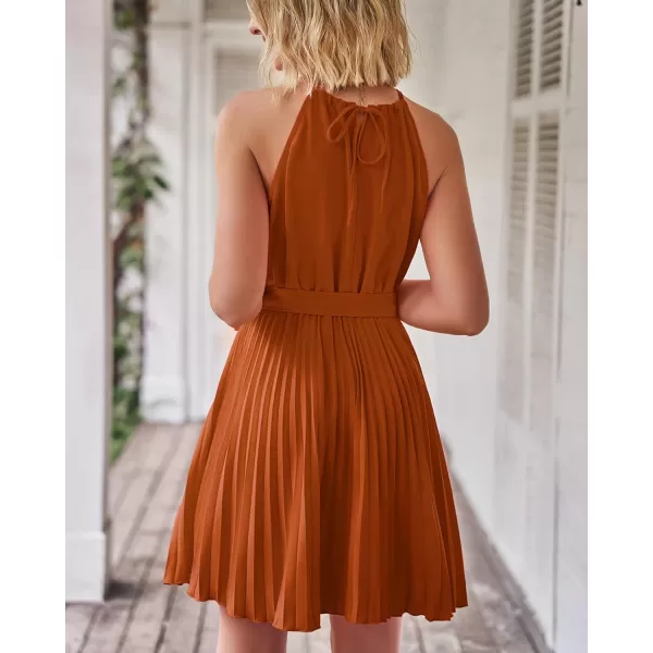 imageBTFBM Women 2023 Summer Casual Halter Neck ALine Dress Sleeveless Belted Swing Pleated Cocktail Party Beach Mini DressesSolid Brown