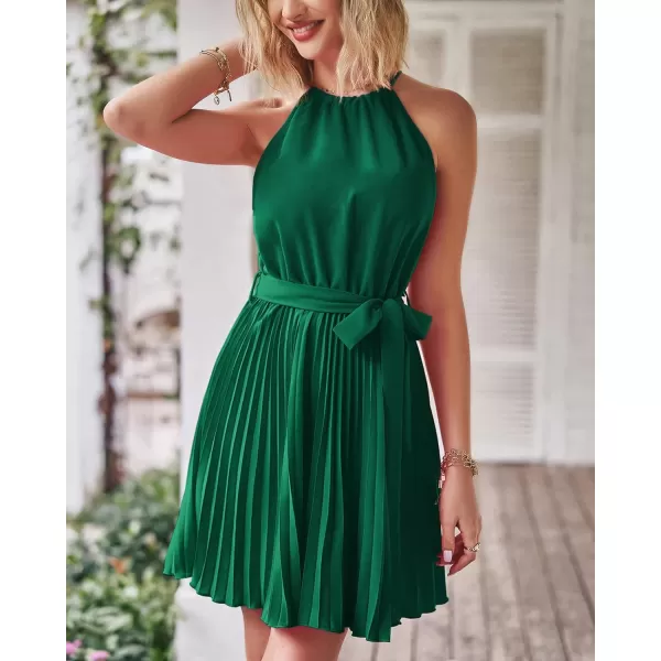 imageBTFBM Women 2023 Summer Casual Halter Neck ALine Dress Sleeveless Belted Swing Pleated Cocktail Party Beach Mini DressesSolid Green