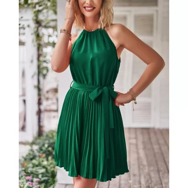 imageBTFBM Women 2023 Summer Casual Halter Neck ALine Dress Sleeveless Belted Swing Pleated Cocktail Party Beach Mini DressesSolid Green
