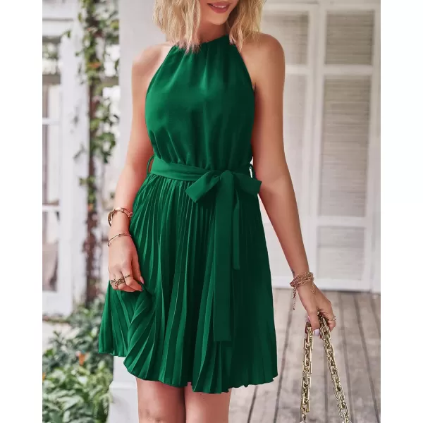imageBTFBM Women 2023 Summer Casual Halter Neck ALine Dress Sleeveless Belted Swing Pleated Cocktail Party Beach Mini DressesSolid Green