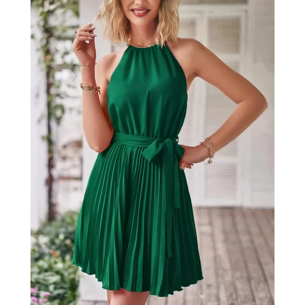 imageBTFBM Women 2023 Summer Casual Halter Neck ALine Dress Sleeveless Belted Swing Pleated Cocktail Party Beach Mini DressesSolid Green