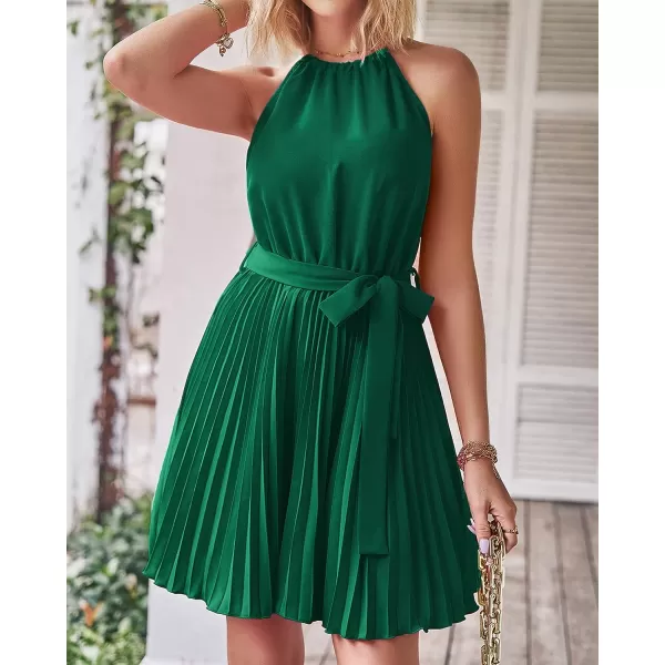 imageBTFBM Women 2023 Summer Casual Halter Neck ALine Dress Sleeveless Belted Swing Pleated Cocktail Party Beach Mini DressesSolid Green