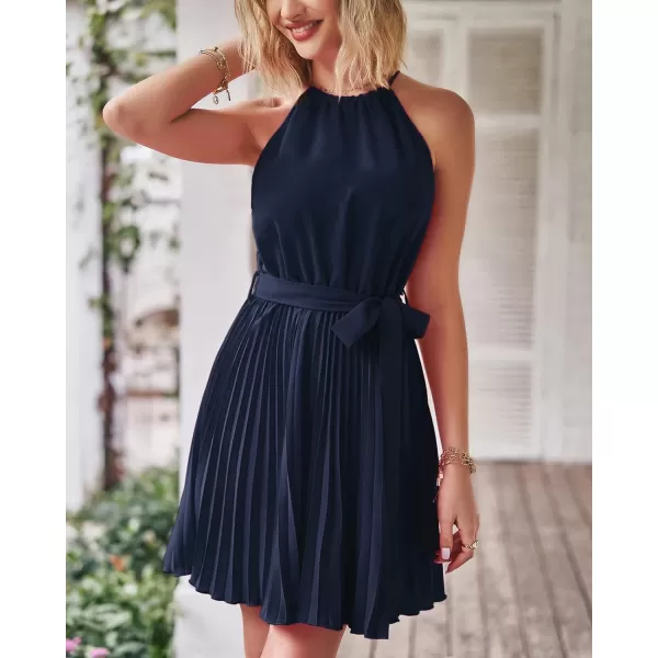 imageBTFBM Women 2023 Summer Casual Halter Neck ALine Dress Sleeveless Belted Swing Pleated Cocktail Party Beach Mini DressesSolid Navy