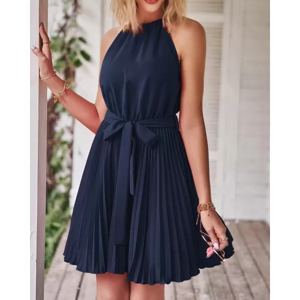 imageBTFBM Women 2023 Summer Casual Halter Neck ALine Dress Sleeveless Belted Swing Pleated Cocktail Party Beach Mini DressesSolid Navy