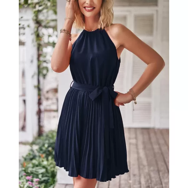 imageBTFBM Women 2023 Summer Casual Halter Neck ALine Dress Sleeveless Belted Swing Pleated Cocktail Party Beach Mini DressesSolid Navy