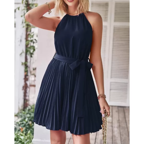 imageBTFBM Women 2023 Summer Casual Halter Neck ALine Dress Sleeveless Belted Swing Pleated Cocktail Party Beach Mini DressesSolid Navy