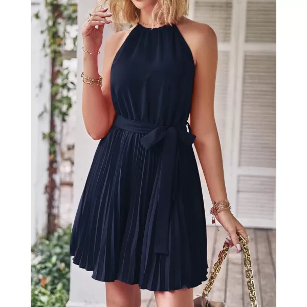 imageBTFBM Women 2023 Summer Casual Halter Neck ALine Dress Sleeveless Belted Swing Pleated Cocktail Party Beach Mini DressesSolid Navy