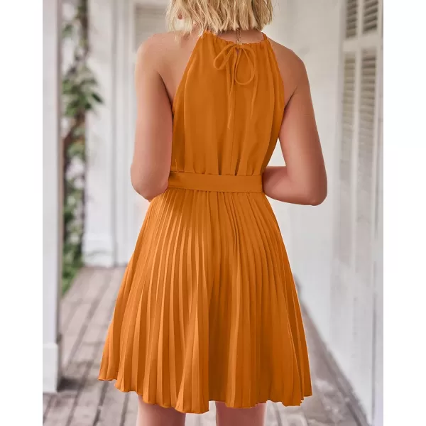 imageBTFBM Women 2023 Summer Casual Halter Neck ALine Dress Sleeveless Belted Swing Pleated Cocktail Party Beach Mini DressesSolid Orange