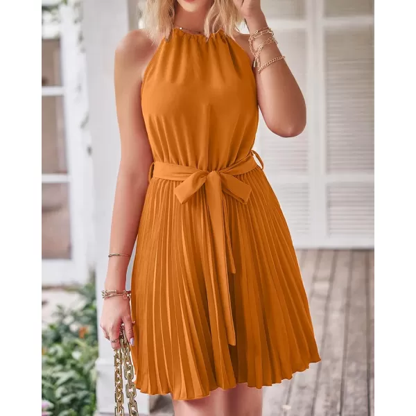 imageBTFBM Women 2023 Summer Casual Halter Neck ALine Dress Sleeveless Belted Swing Pleated Cocktail Party Beach Mini DressesSolid Orange